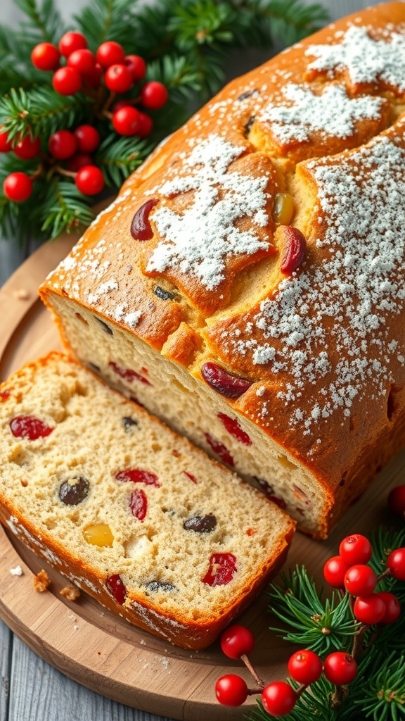 A golden loaf of Christmas bread with dried fruits and nuts, decorated with powdered sugar on a wooden board surrounded by festive decor.